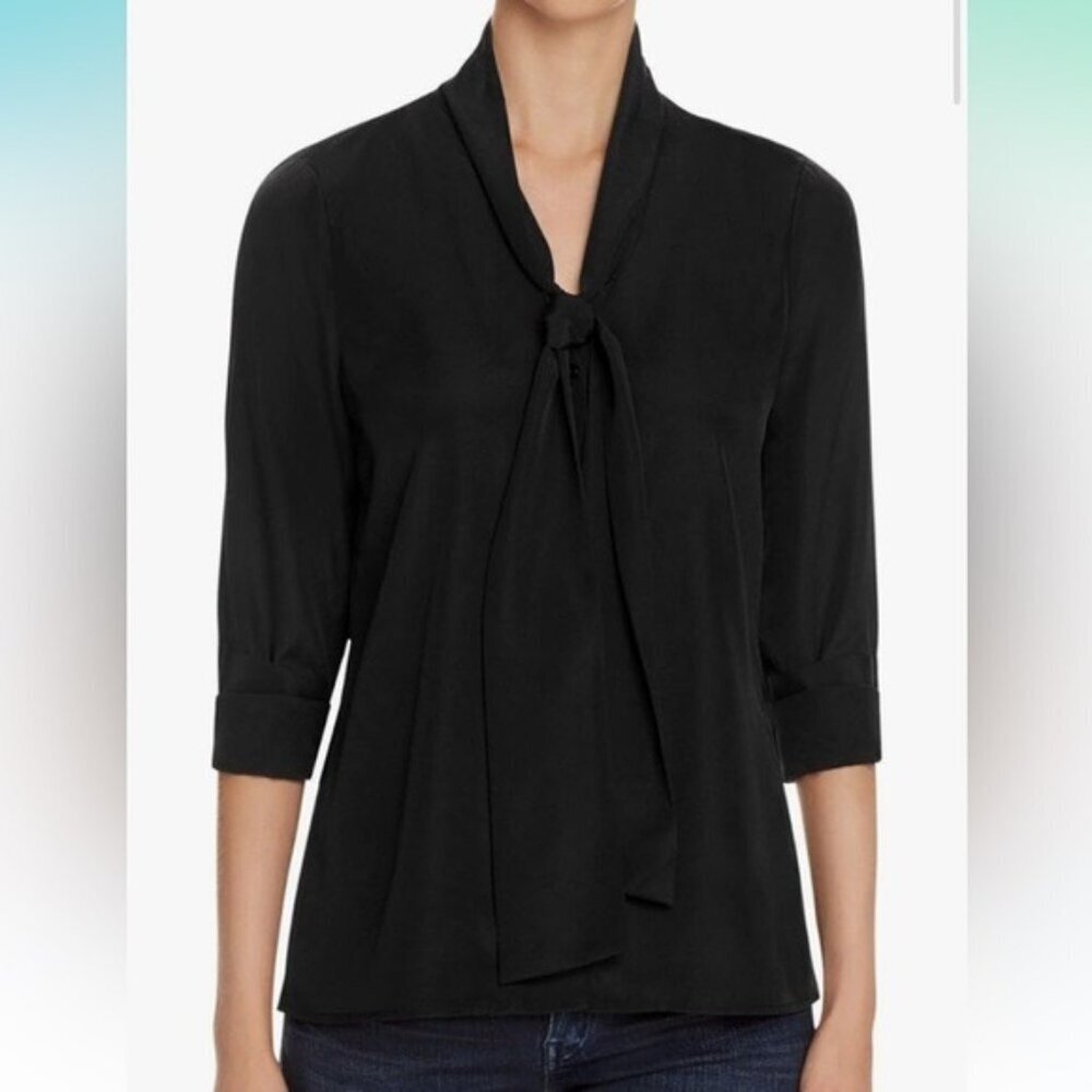 Notation Black Button-Up Neck Tie Blouse Size Small | 3/4 Sleeve Career Top